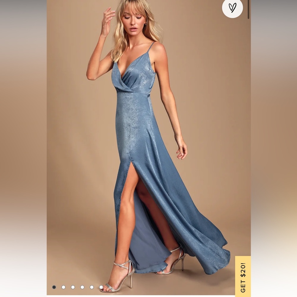 Lulu’s Constantine Slate Blue Satin Maxi Dress